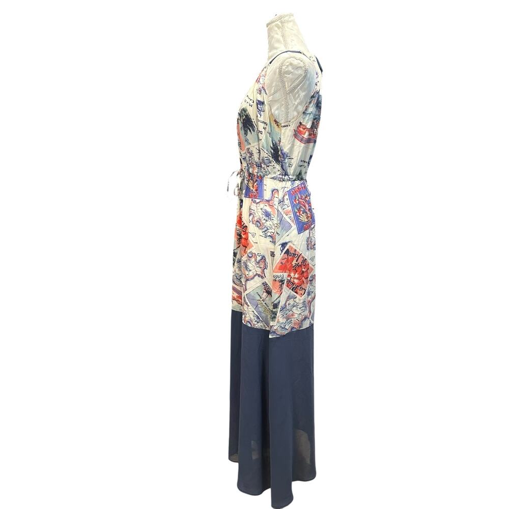 Postcard Print Halter Maxi Dress Sheer Chiffon Hem Tie Neck Womens Small - Picture 4 of 16